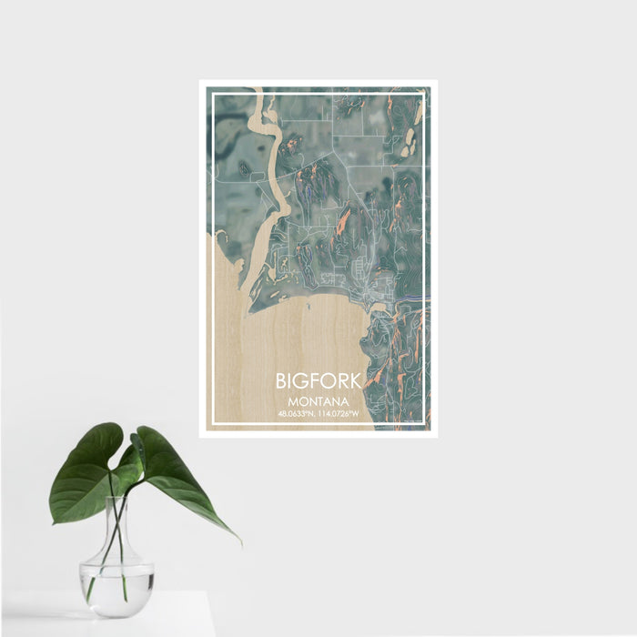 16x24 Bigfork Montana Map Print Portrait Orientation in Afternoon Style With Tropical Plant Leaves in Water
