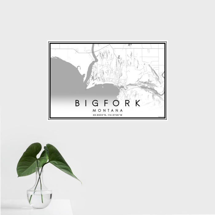 16x24 Bigfork Montana Map Print Landscape Orientation in Classic Style With Tropical Plant Leaves in Water
