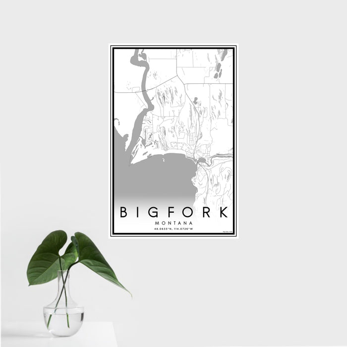 16x24 Bigfork Montana Map Print Portrait Orientation in Classic Style With Tropical Plant Leaves in Water