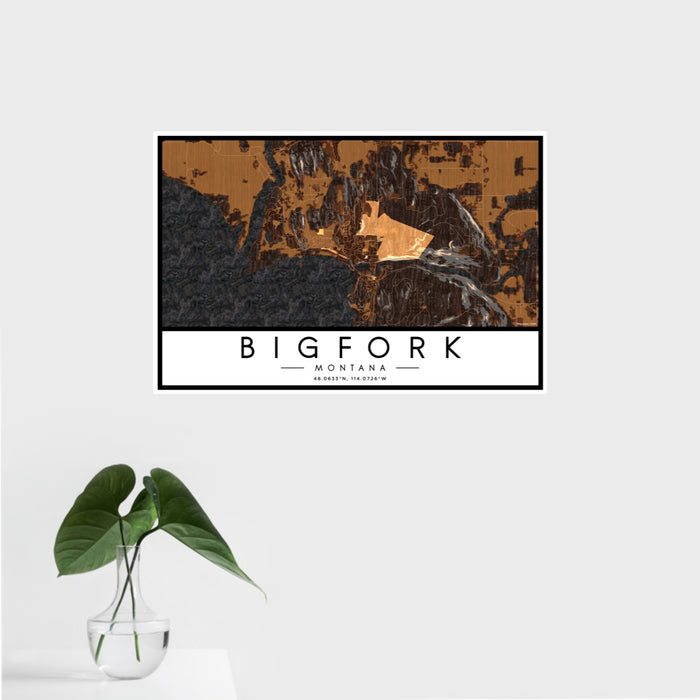 16x24 Bigfork Montana Map Print Landscape Orientation in Ember Style With Tropical Plant Leaves in Water