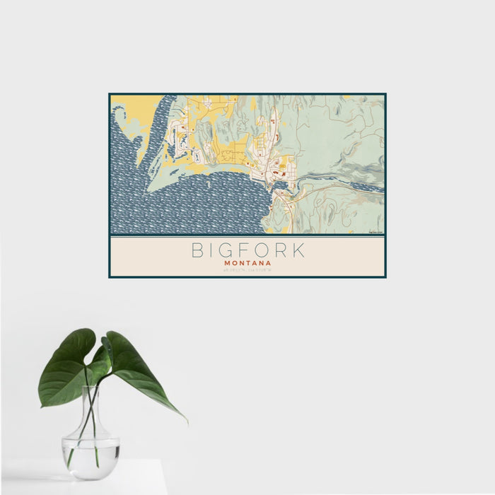 16x24 Bigfork Montana Map Print Landscape Orientation in Woodblock Style With Tropical Plant Leaves in Water