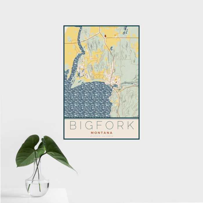 16x24 Bigfork Montana Map Print Portrait Orientation in Woodblock Style With Tropical Plant Leaves in Water