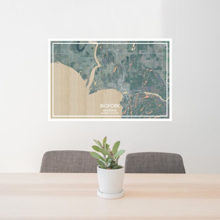 24x36 Bigfork Montana Map Print Lanscape Orientation in Afternoon Style Behind 2 Chairs Table and Potted Plant