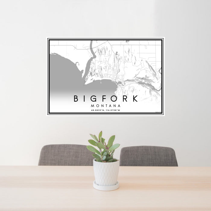 24x36 Bigfork Montana Map Print Lanscape Orientation in Classic Style Behind 2 Chairs Table and Potted Plant
