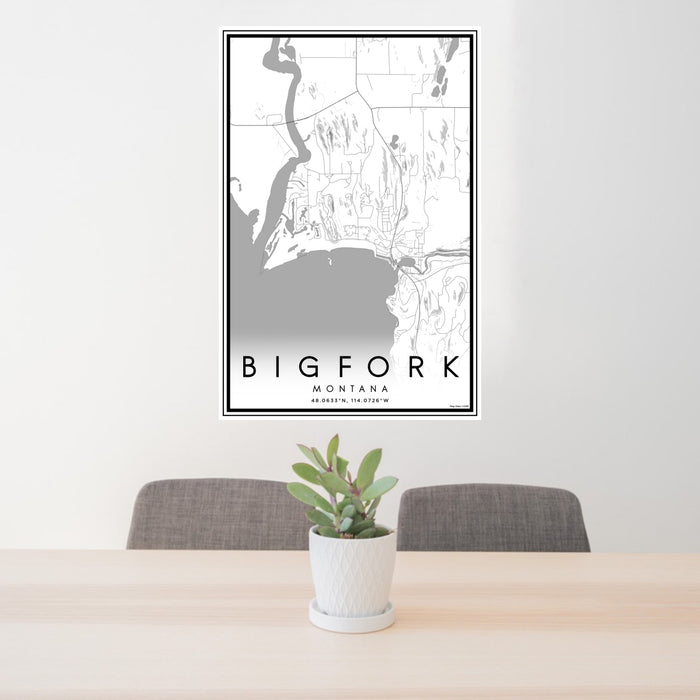 24x36 Bigfork Montana Map Print Portrait Orientation in Classic Style Behind 2 Chairs Table and Potted Plant