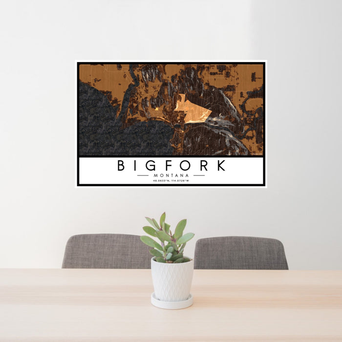 24x36 Bigfork Montana Map Print Lanscape Orientation in Ember Style Behind 2 Chairs Table and Potted Plant