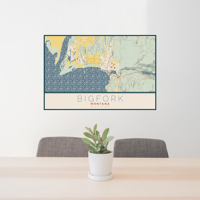 24x36 Bigfork Montana Map Print Lanscape Orientation in Woodblock Style Behind 2 Chairs Table and Potted Plant