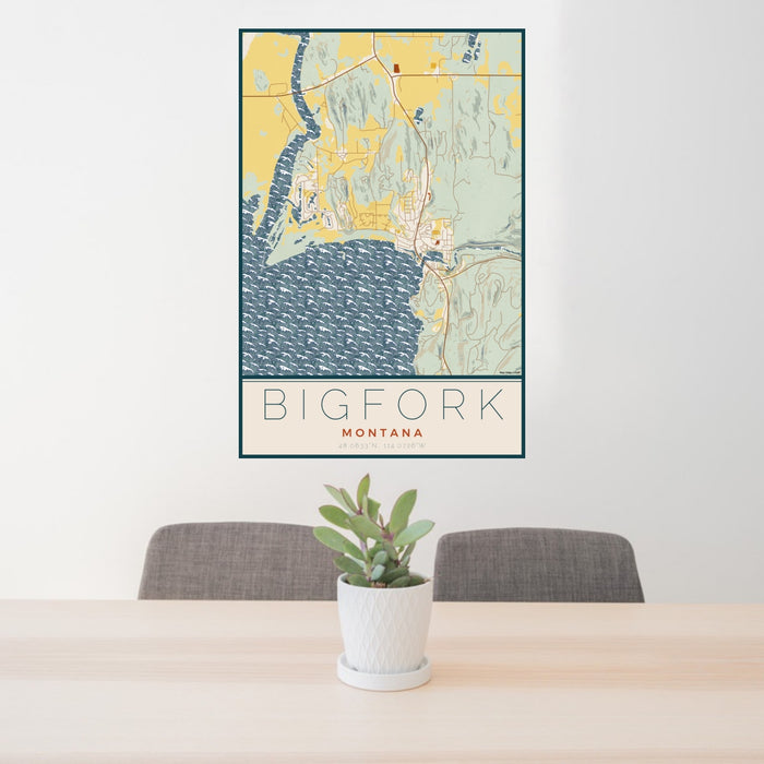 24x36 Bigfork Montana Map Print Portrait Orientation in Woodblock Style Behind 2 Chairs Table and Potted Plant