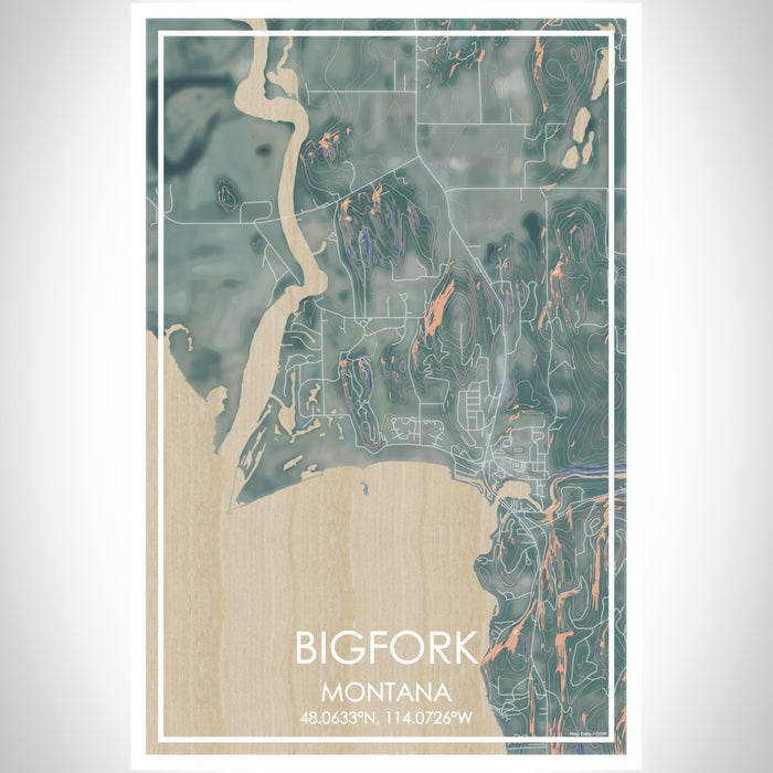 Bigfork Montana Map Print Portrait Orientation in Afternoon Style With Shaded Background