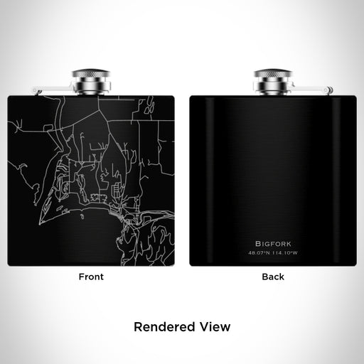 Rendered View of Bigfork Montana Map Engraving on 6oz Stainless Steel Flask in Black