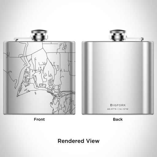 Rendered View of Bigfork Montana Map Engraving on 6oz Stainless Steel Flask