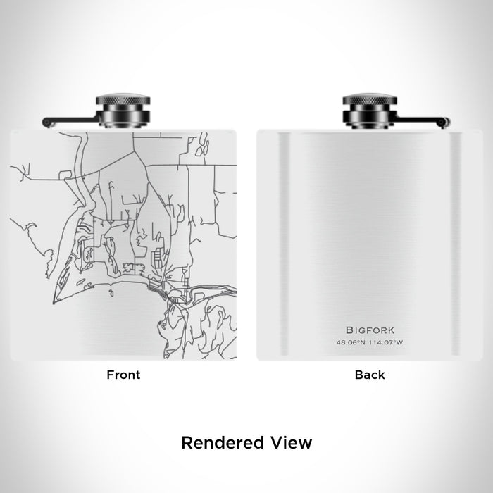 Rendered View of Bigfork Montana Map Engraving on 6oz Stainless Steel Flask in White