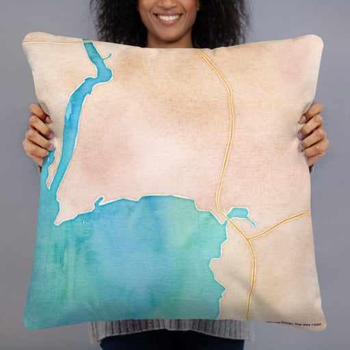 Person holding 22x22 Custom Bigfork Montana Map Throw Pillow in Watercolor