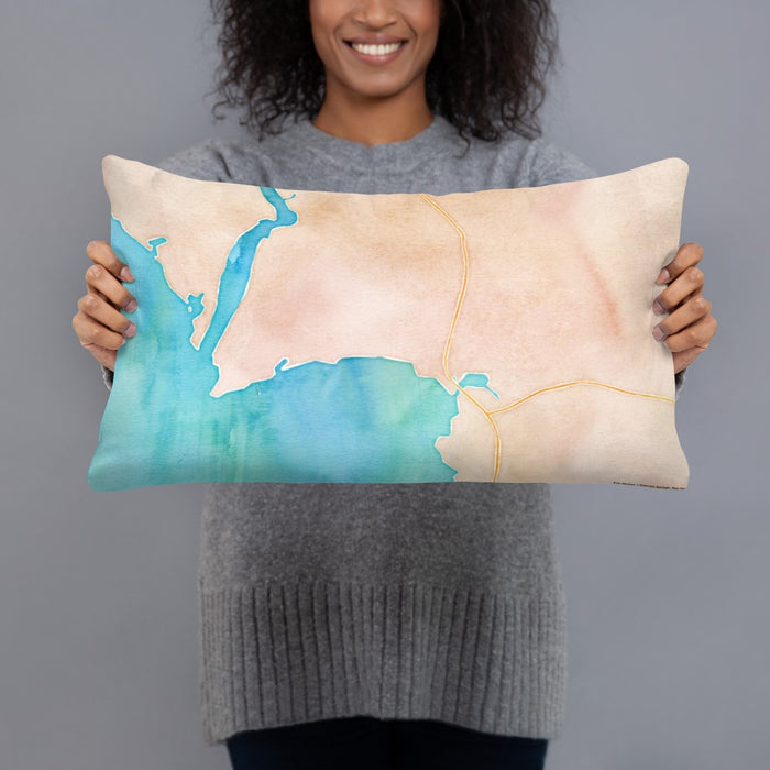 Person holding 20x12 Custom Bigfork Montana Map Throw Pillow in Watercolor