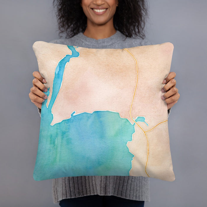 Person holding 18x18 Custom Bigfork Montana Map Throw Pillow in Watercolor