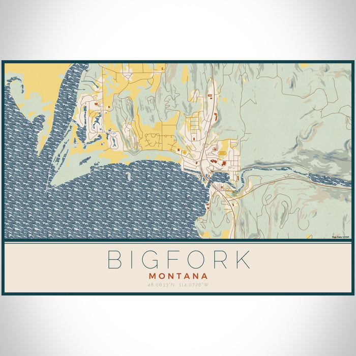 Bigfork Montana Map Print Landscape Orientation in Woodblock Style With Shaded Background