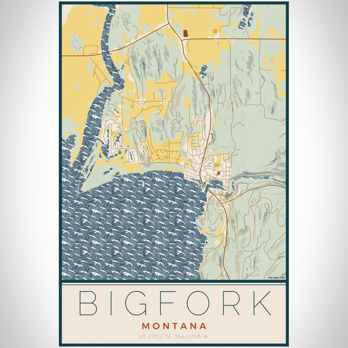Bigfork Montana Map Print Portrait Orientation in Woodblock Style With Shaded Background