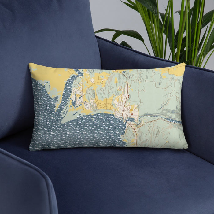 Custom Bigfork Montana Map Throw Pillow in Woodblock on Blue Colored Chair
