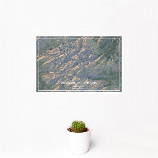 12x18 Bighorn Mountains Wyoming Map Print Landscape Orientation in Afternoon Style With Small Cactus Plant in White Planter