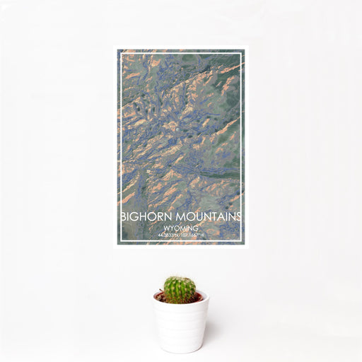 12x18 Bighorn Mountains Wyoming Map Print Portrait Orientation in Afternoon Style With Small Cactus Plant in White Planter