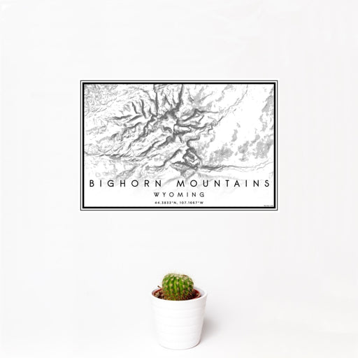12x18 Bighorn Mountains Wyoming Map Print Landscape Orientation in Classic Style With Small Cactus Plant in White Planter