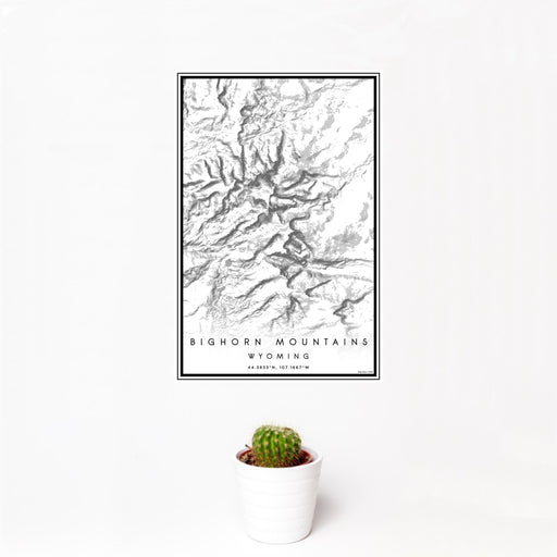 12x18 Bighorn Mountains Wyoming Map Print Portrait Orientation in Classic Style With Small Cactus Plant in White Planter