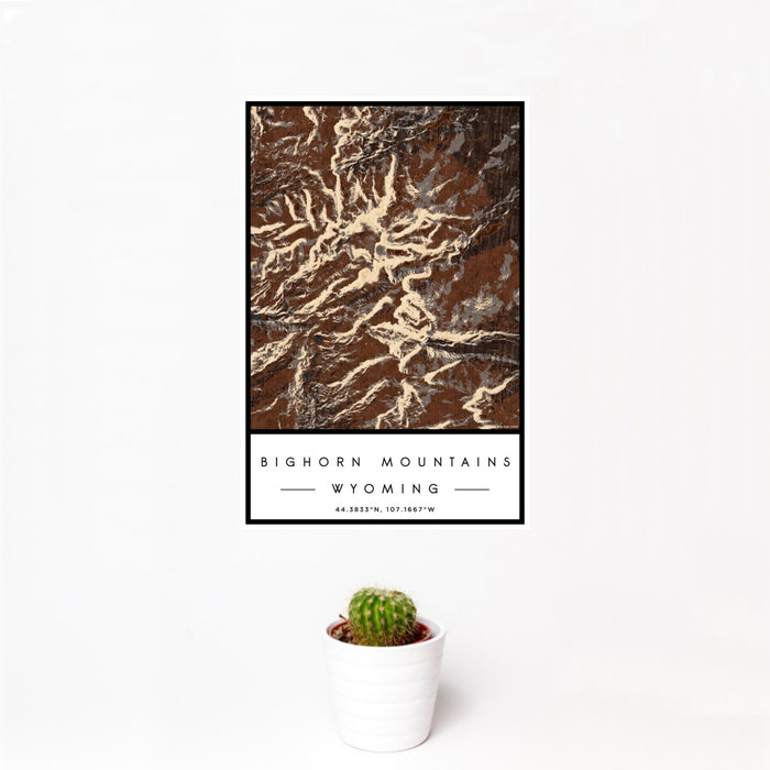 12x18 Bighorn Mountains Wyoming Map Print Portrait Orientation in Ember Style With Small Cactus Plant in White Planter