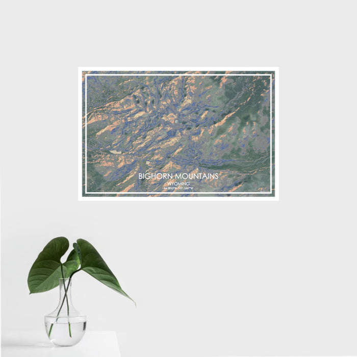 16x24 Bighorn Mountains Wyoming Map Print Landscape Orientation in Afternoon Style With Tropical Plant Leaves in Water