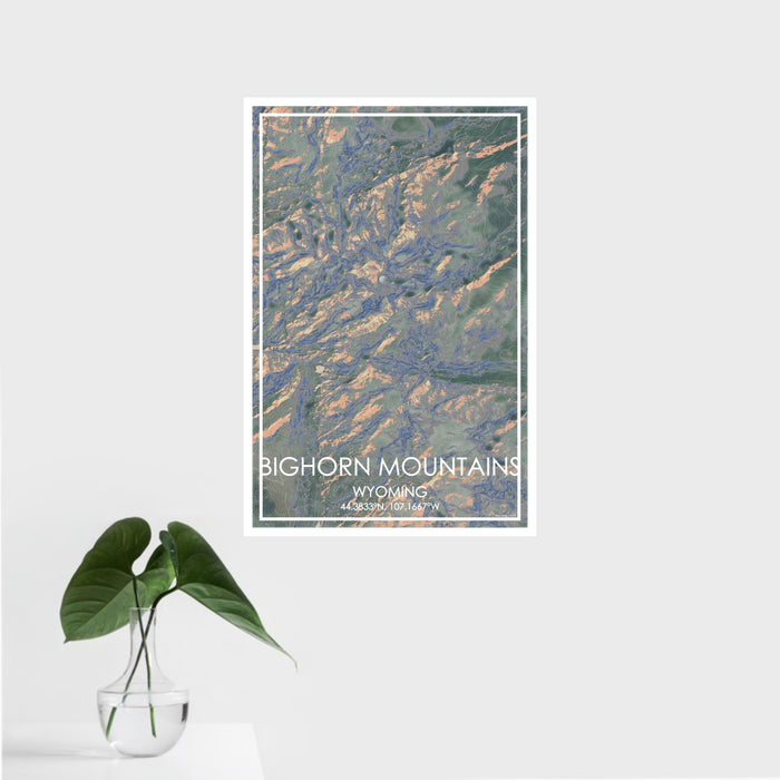 16x24 Bighorn Mountains Wyoming Map Print Portrait Orientation in Afternoon Style With Tropical Plant Leaves in Water