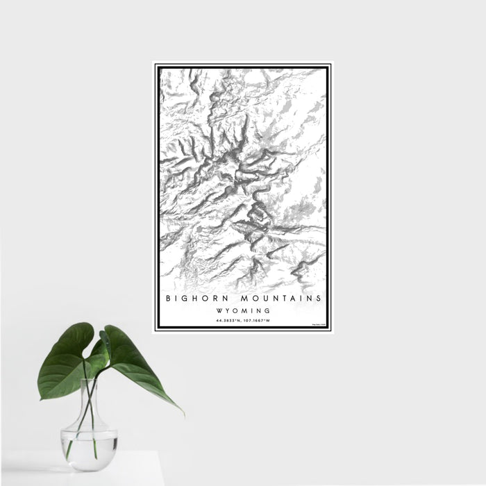 16x24 Bighorn Mountains Wyoming Map Print Portrait Orientation in Classic Style With Tropical Plant Leaves in Water