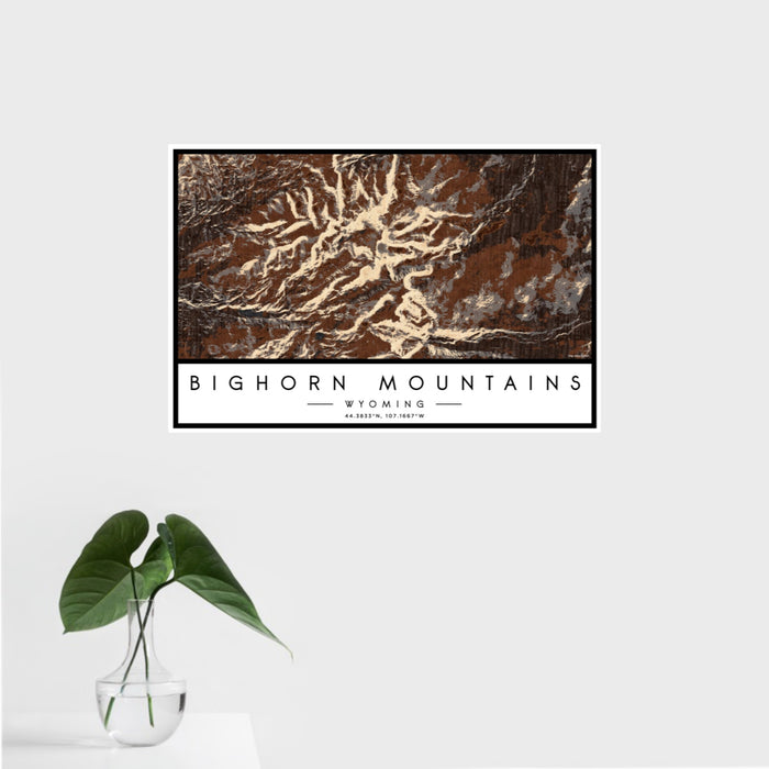 16x24 Bighorn Mountains Wyoming Map Print Landscape Orientation in Ember Style With Tropical Plant Leaves in Water