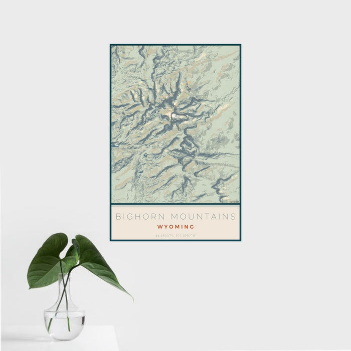 16x24 Bighorn Mountains Wyoming Map Print Portrait Orientation in Woodblock Style With Tropical Plant Leaves in Water