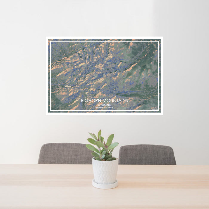 24x36 Bighorn Mountains Wyoming Map Print Lanscape Orientation in Afternoon Style Behind 2 Chairs Table and Potted Plant