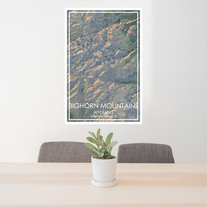 24x36 Bighorn Mountains Wyoming Map Print Portrait Orientation in Afternoon Style Behind 2 Chairs Table and Potted Plant