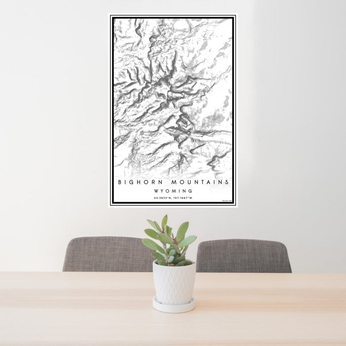 24x36 Bighorn Mountains Wyoming Map Print Portrait Orientation in Classic Style Behind 2 Chairs Table and Potted Plant