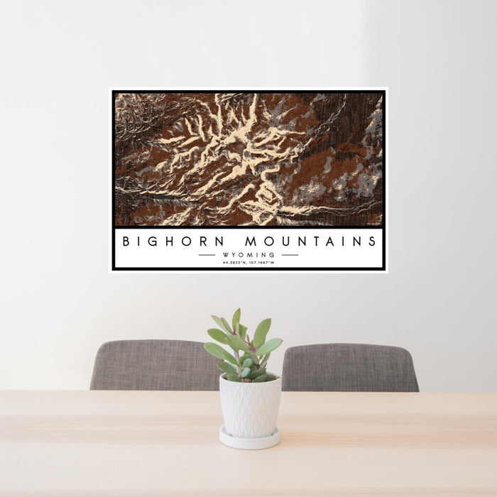 24x36 Bighorn Mountains Wyoming Map Print Lanscape Orientation in Ember Style Behind 2 Chairs Table and Potted Plant