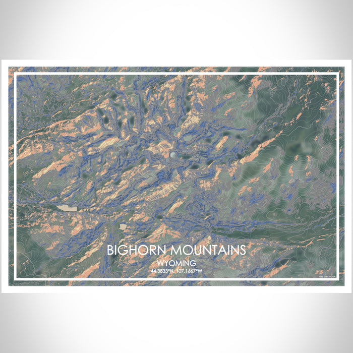 Bighorn Mountains Wyoming Map Print Landscape Orientation in Afternoon Style With Shaded Background