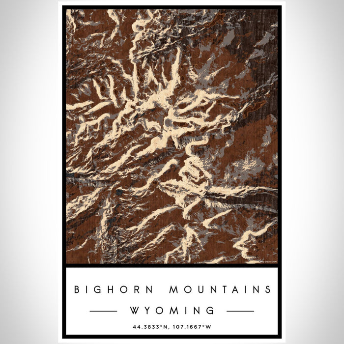 Bighorn Mountains Wyoming Map Print Portrait Orientation in Ember Style With Shaded Background