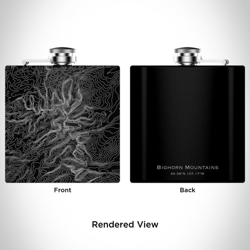 Rendered View of Bighorn Mountains Wyoming Map Engraving on 6oz Stainless Steel Flask in Black
