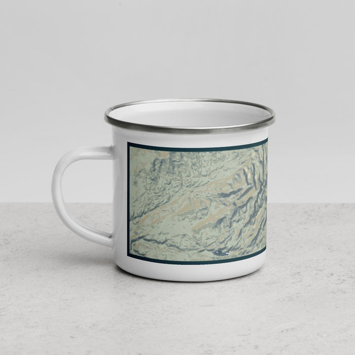 Left View Custom Bighorn Mountains Wyoming Map Enamel Mug in Woodblock