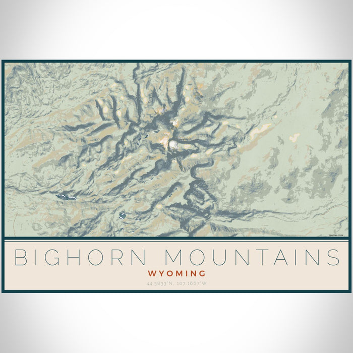 Bighorn Mountains Wyoming Map Print Landscape Orientation in Woodblock Style With Shaded Background