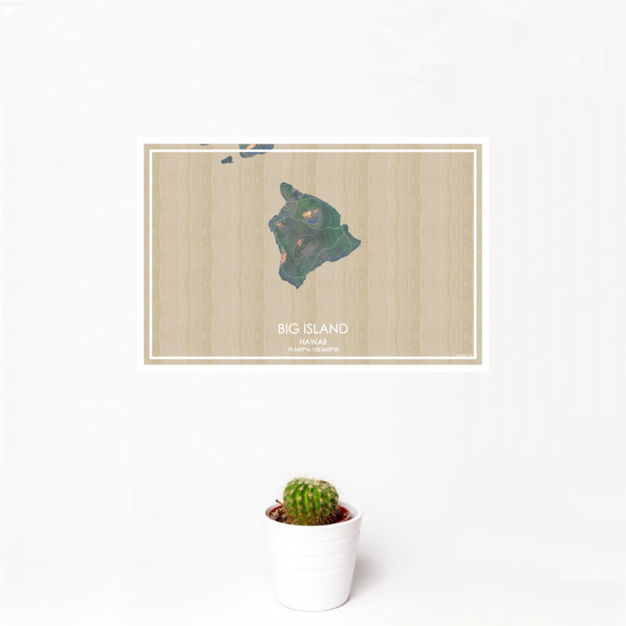 12x18 Big Island Hawaii Map Print Landscape Orientation in Afternoon Style With Small Cactus Plant in White Planter