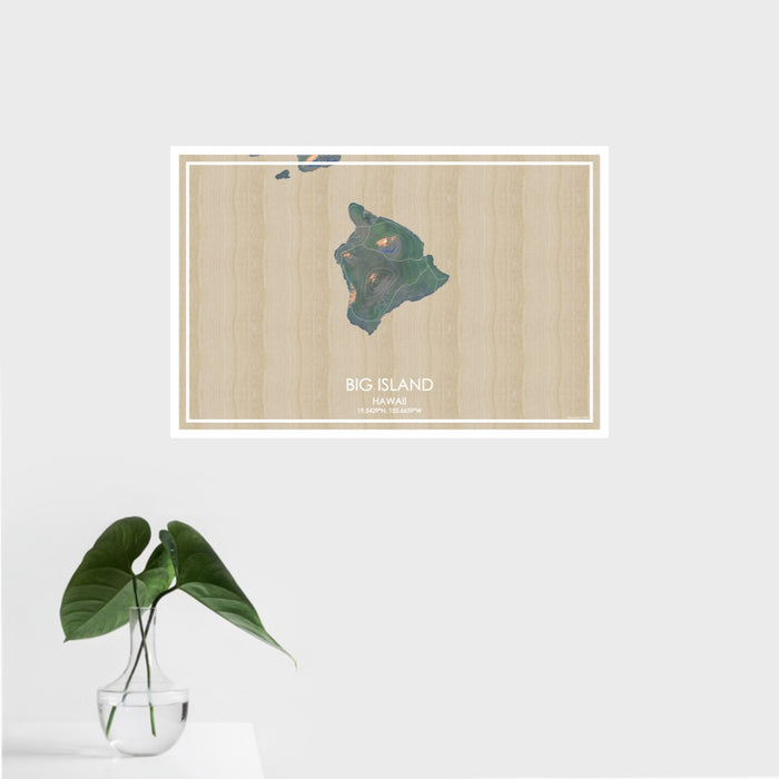 16x24 Big Island Hawaii Map Print Landscape Orientation in Afternoon Style With Tropical Plant Leaves in Water