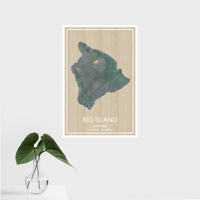 16x24 Big Island Hawaii Map Print Portrait Orientation in Afternoon Style With Tropical Plant Leaves in Water