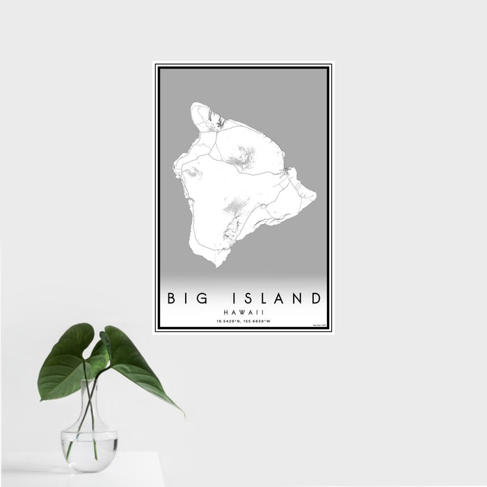 16x24 Big Island Hawaii Map Print Portrait Orientation in Classic Style With Tropical Plant Leaves in Water