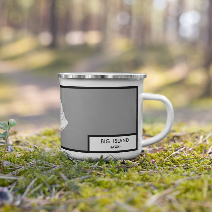 Right View Custom Big Island Hawaii Map Enamel Mug in Classic on Grass With Trees in Background
