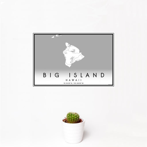 12x18 Big Island Hawaii Map Print Landscape Orientation in Classic Style With Small Cactus Plant in White Planter