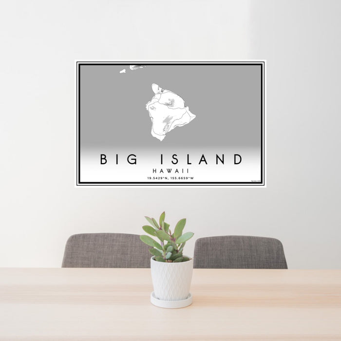 24x36 Big Island Hawaii Map Print Landscape Orientation in Classic Style Behind 2 Chairs Table and Potted Plant