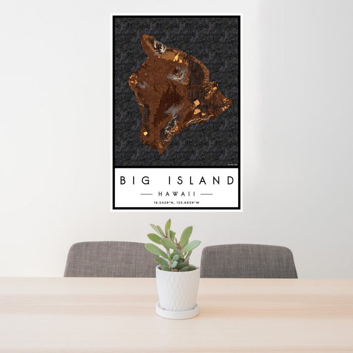 24x36 Big Island Hawaii Map Print Portrait Orientation in Ember Style Behind 2 Chairs Table and Potted Plant