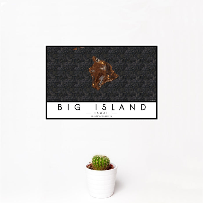 12x18 Big Island Hawaii Map Print Landscape Orientation in Ember Style With Small Cactus Plant in White Planter